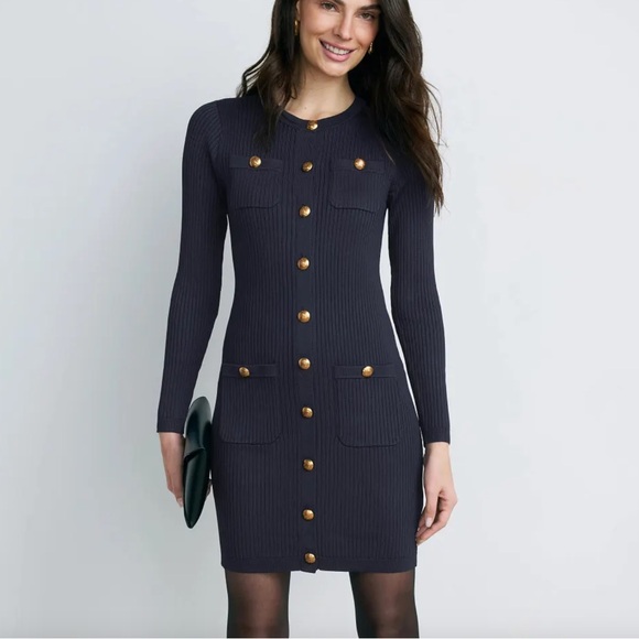 Lauren Ralph Lauren Dresses & Skirts - Lauren Ralph Lauren Button Up Knit Mini Dress in Navy Dark Blue Long Sleeve